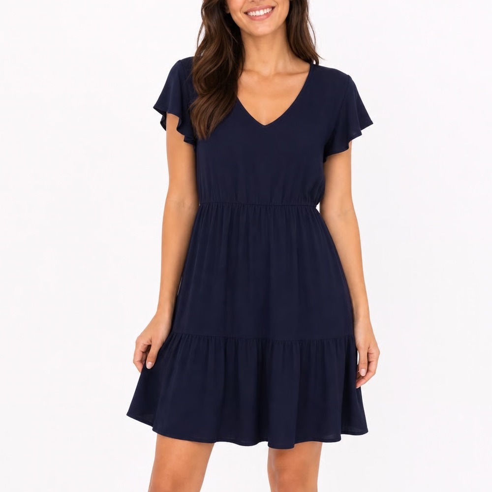 Hotouch Womens Navy Blue Tiered V-Neck Flutter Sleeve T-Shirt Dress Size L